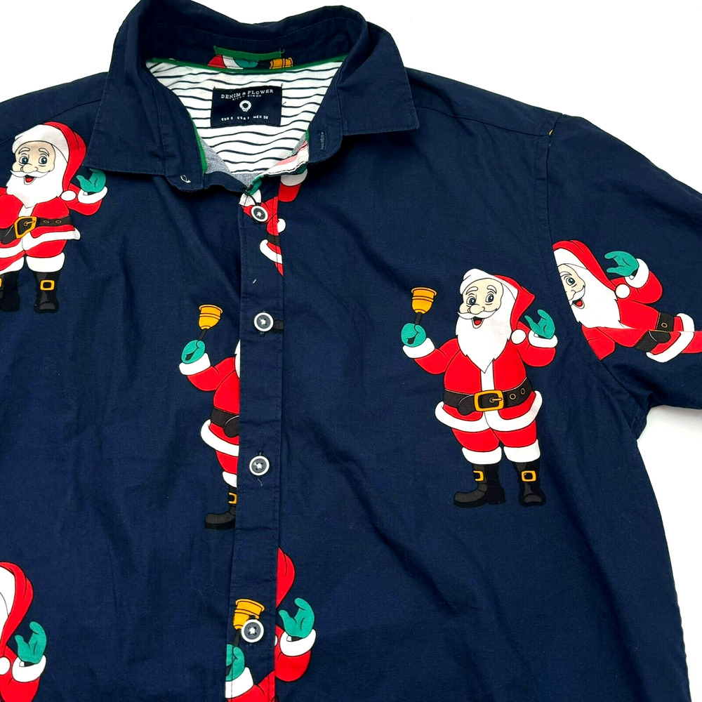 DENIM & FLOWER NWT Mens Small Santa Bell Button Up Christmas Shirt Ricky Singh